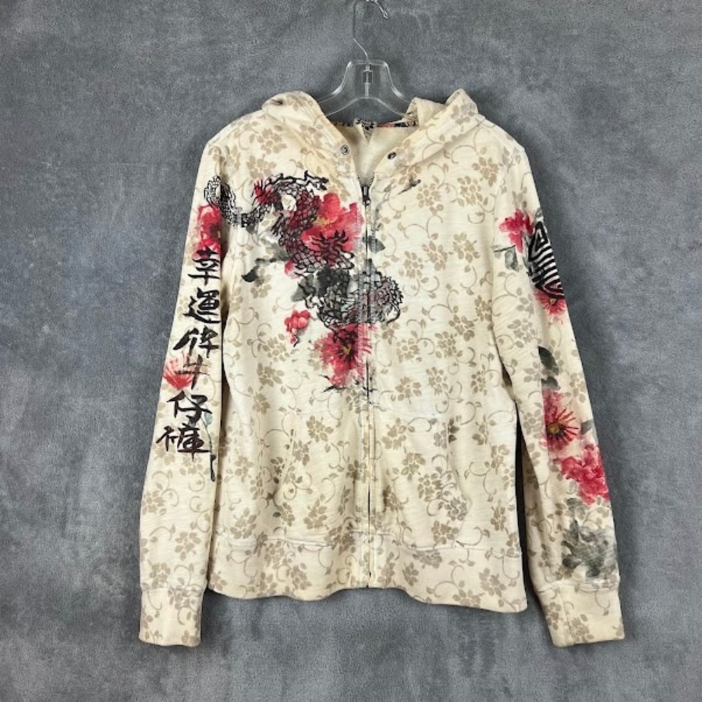 VTG Y2K Lucky Brand Full Zip Hoodie Sweatshirt Womens L Graphic Asian Inspired